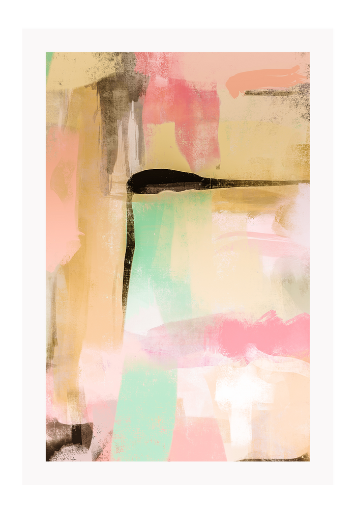 Abstract print portrait landscape pink teal black beige white paintstrokes modern style