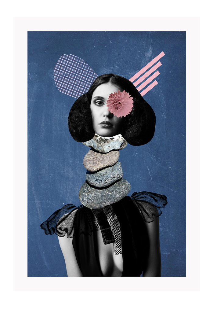 Abstract print with blue background and pink shape details with stones for a neck and black and white bodily features 