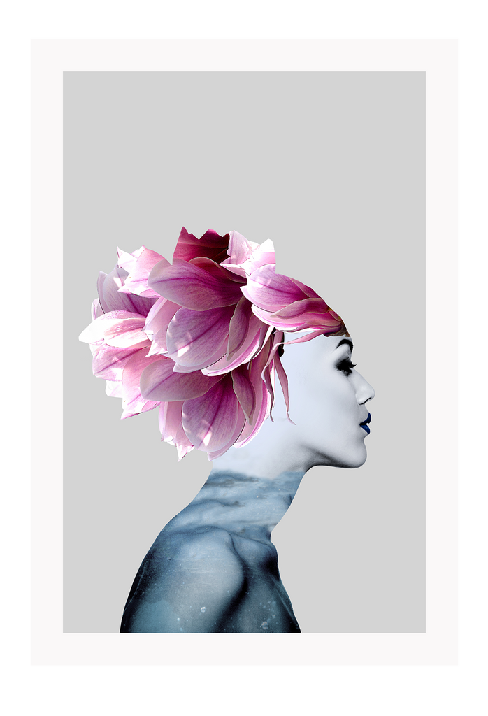 Floral print with pink petals in womans hair grey background blue body on profile view  