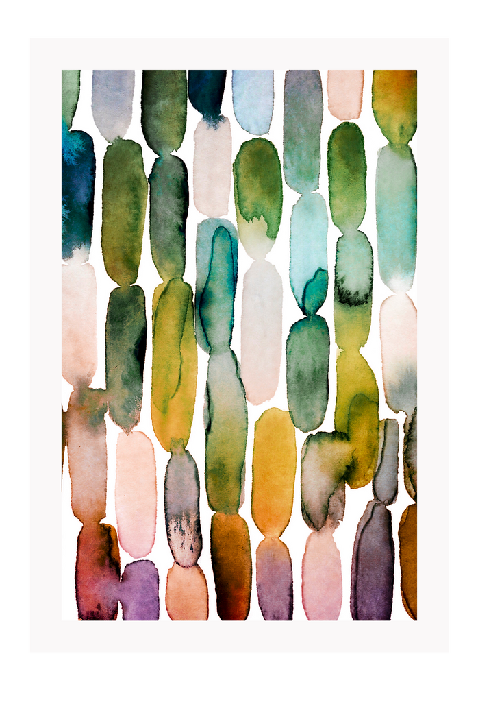 Abstract print with watercolour shapes on a white background with green, blue, purple, pink and rust  