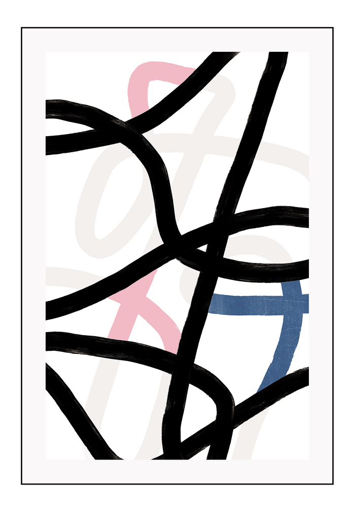 Abstract art print with blush, navy, black and neutral tones with squiggle lines randomly placed 