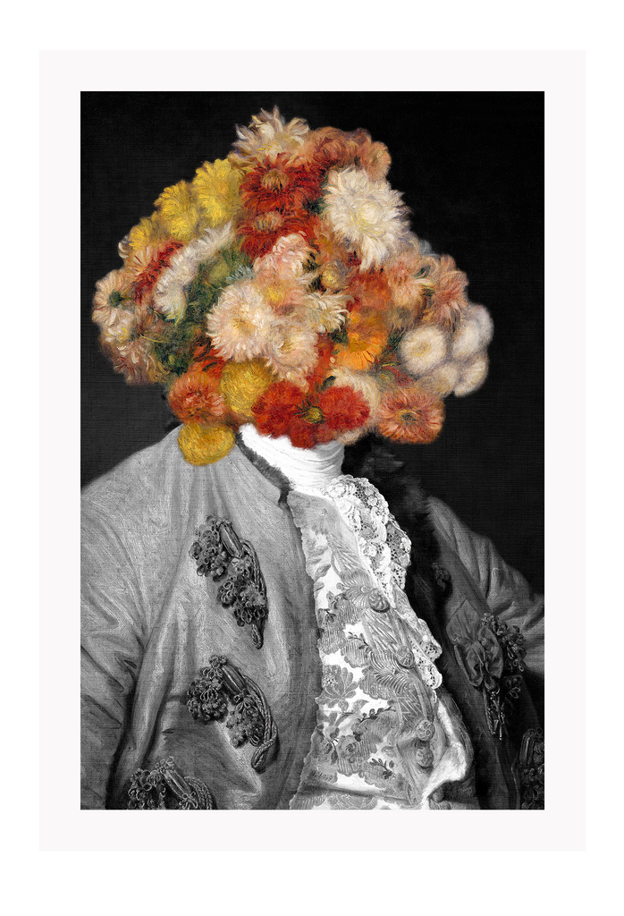 Floral vintage print man with flowers on head colourful oil painting style portrait