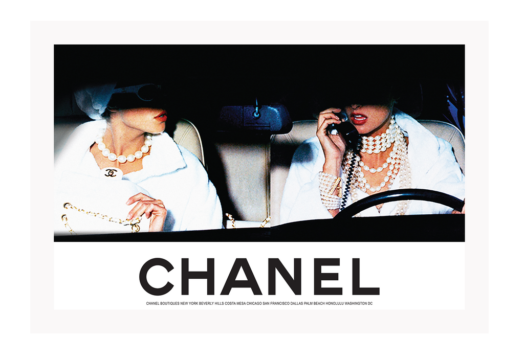 A vintage fashion photography wall art with 90s model Linda Evangelista in a car riding with chanel writing text  | Wall Art D≈Ωcor