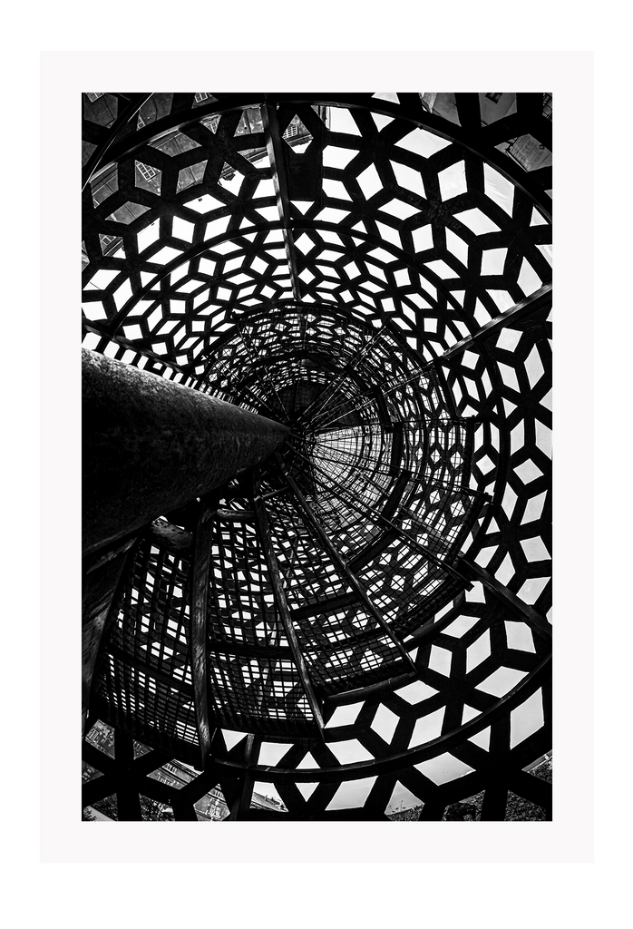 Photography print black and white shadows created by staircase geometric pattern  