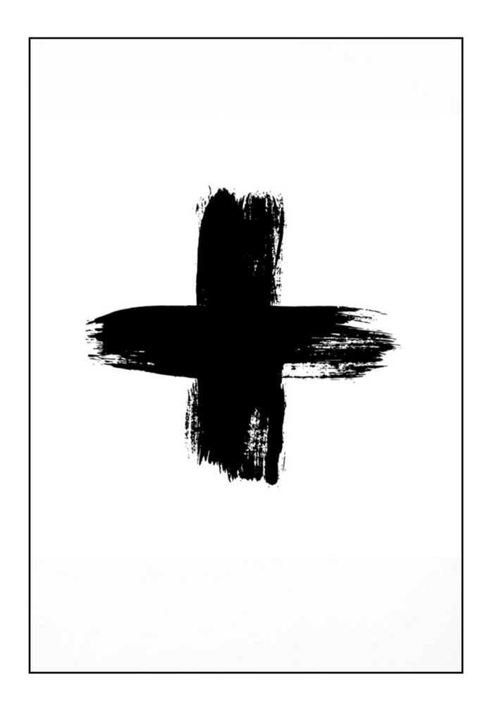 Scandi black and white minimal print with brushstrokes forming a cross on a white background 