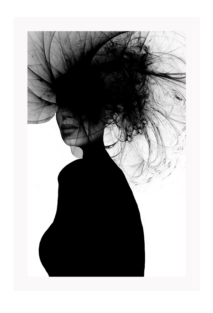 A black and white fashion wall art of a lady with tulle headpiece in all black silhouette on a white background