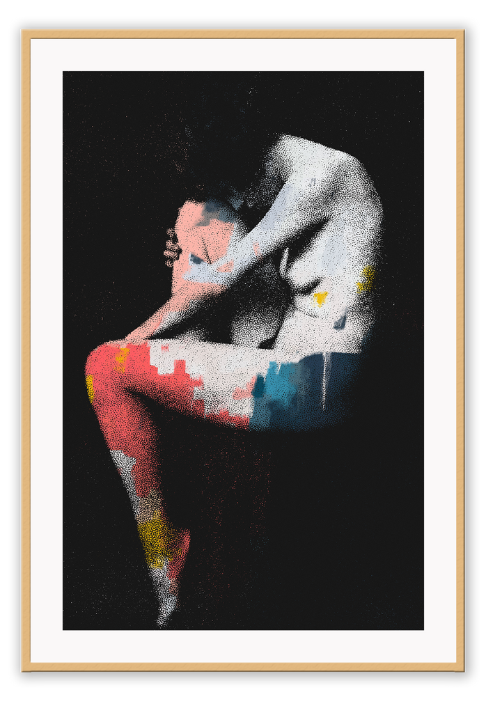 Black and white print with splash of colour on woman body nude black background holding leg sitting on stool portrait