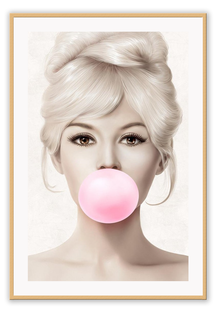 Celebrity famous portrait print illustration gum bubble pink and neutral tones brigette vintage 