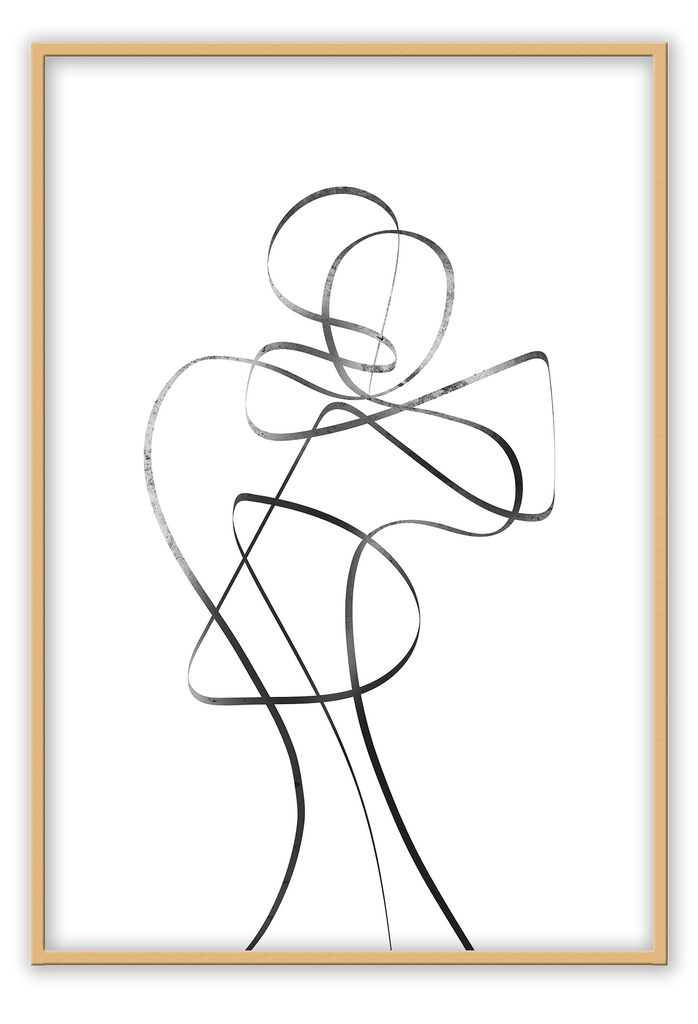 Line art minimal scandi portrait print outline shape woman black line on white background.