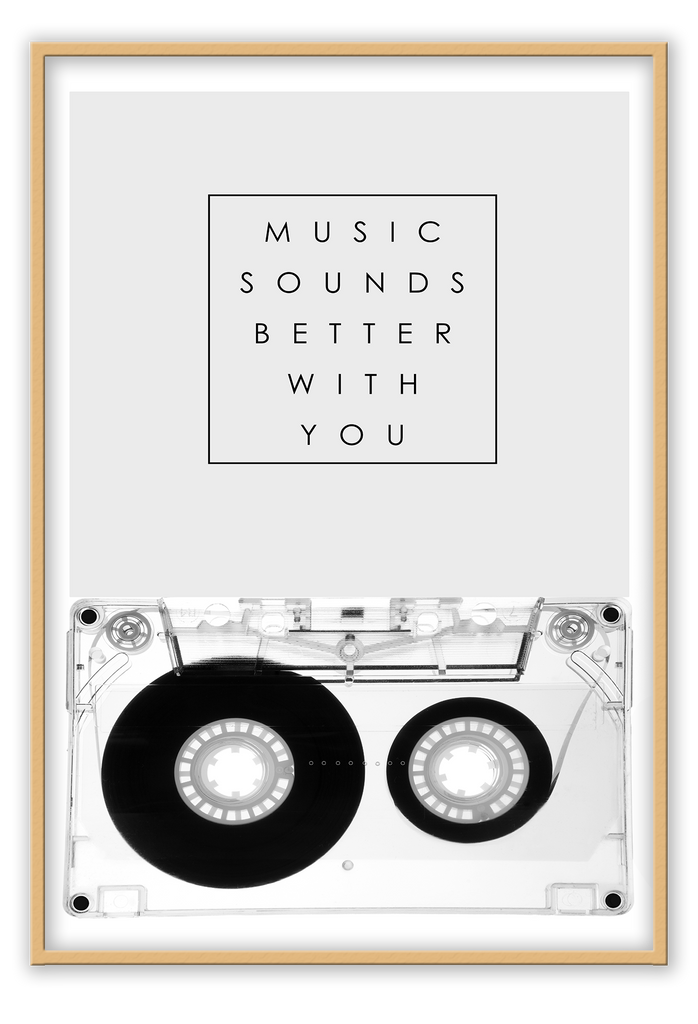 A black and white fashion wall art of 80s 90s fashion music cassette, music sounds better with you.
