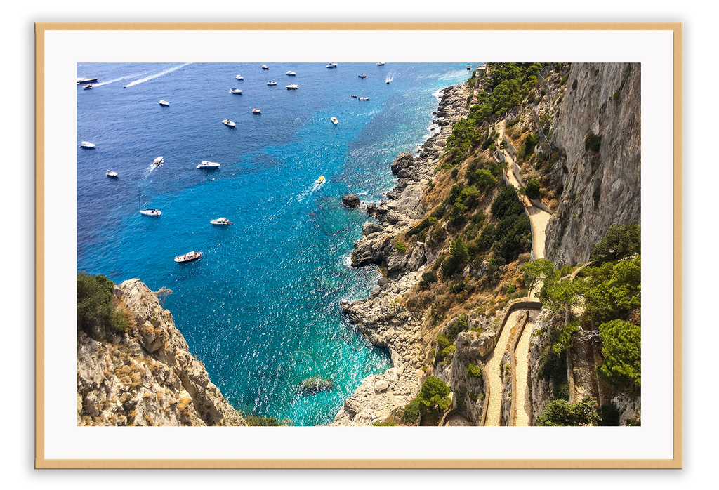 Landscape print with blue water coast rocks nature boats europe road ocean sea waves 
