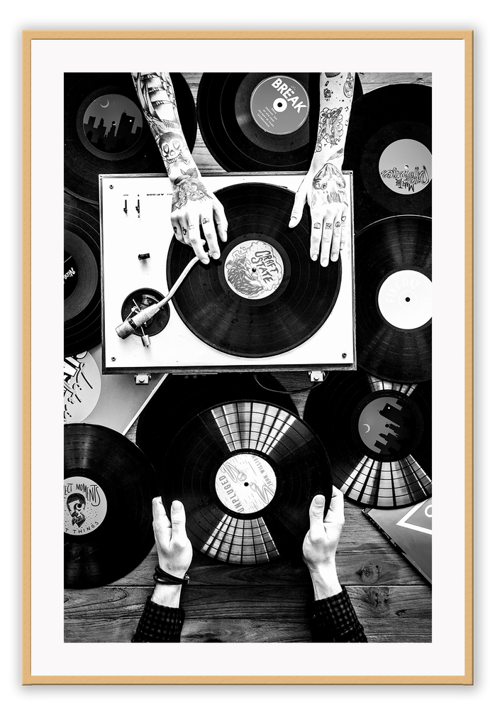 Black and white photography record music tattoos portrait print 