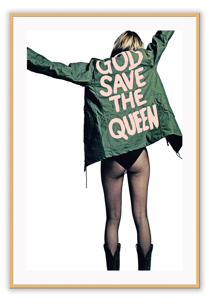 A fashion wall art with the back of a sexy lady, half nude in translucent leggings, black boots, and a green jacket with pink writing God save the queen.