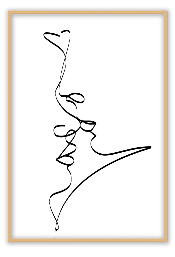 Line art print white background black line illustrating faces close together in enbrace abstract