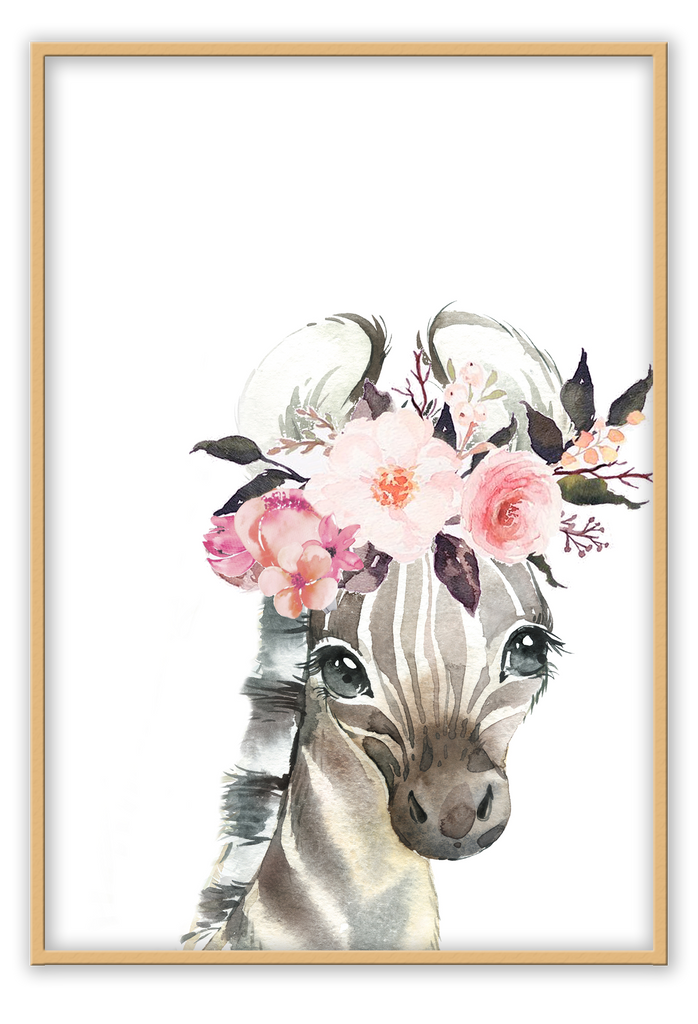 Kids nursery print with a watercolour baby zebra wearing a flower crown on a white background. 