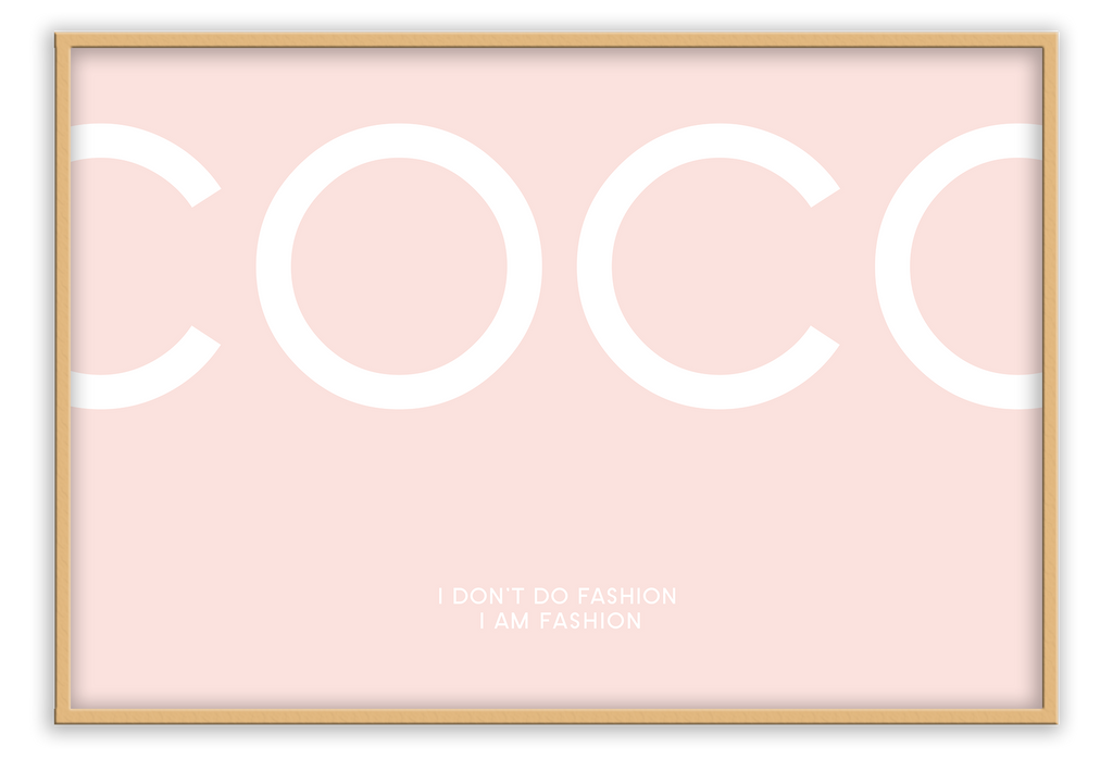 Fashion typography print with white text and blush background chanel inspired coco 