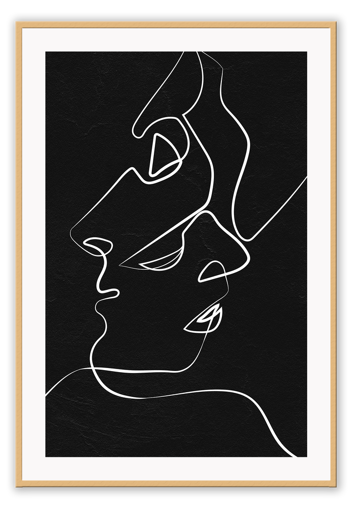 An abstractprint white line drawing of a kissing love scenario on black background