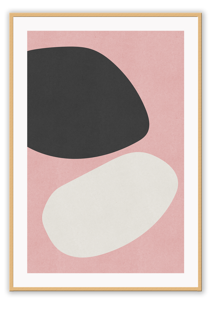 An abstract wall art with black and off-white curvey shapes on dusty pink background. 