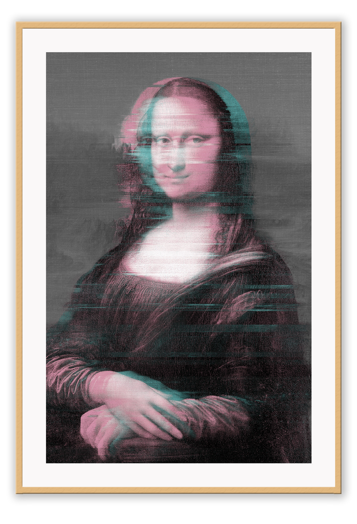 Painting glitch print with mona lisa pink and blue pixels black and white washed black background