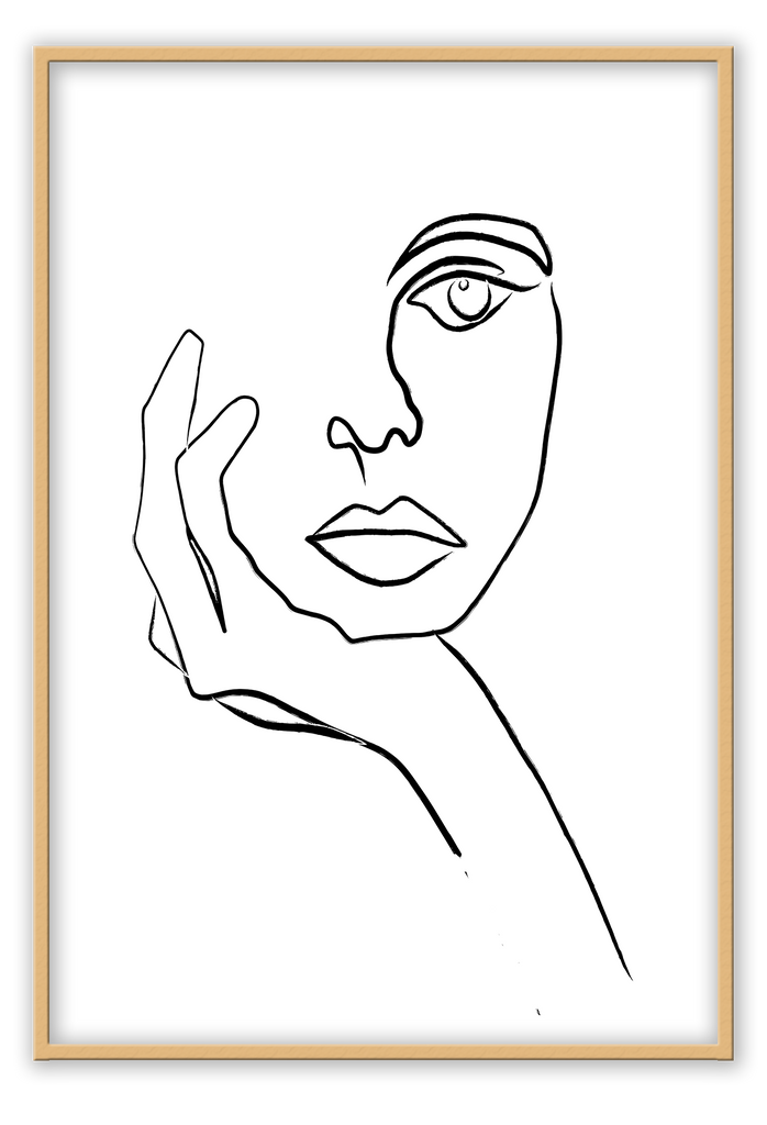 A black and white sketchy wall art with a line drawing of a lady concentrating and thinking. 