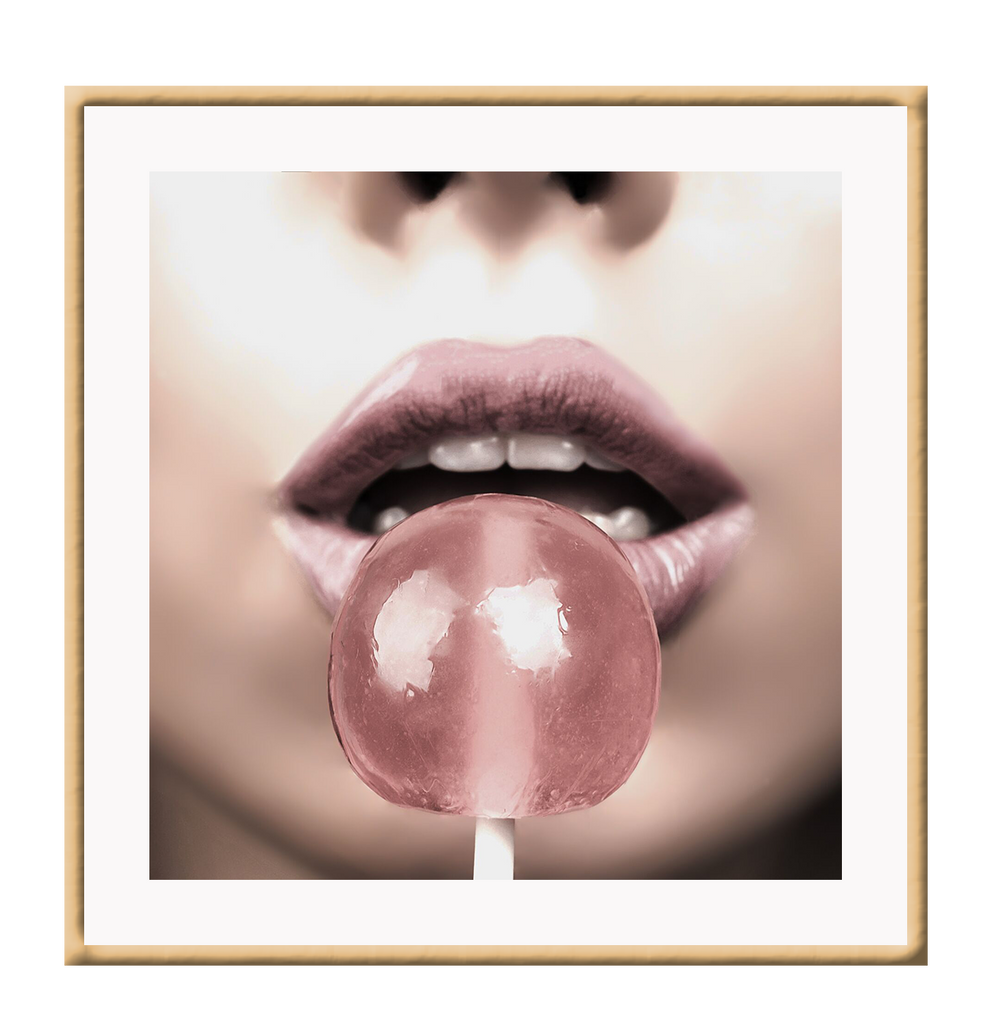 A fashion wall art with a sexy woman's juicy pink lips and pink lollipop.