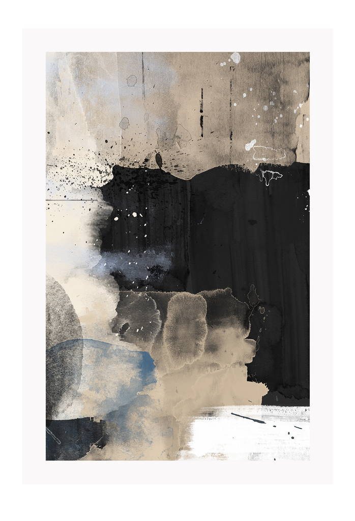 Abstract style print with watercolour textured brushstrokes and splatters in black, beige, white and blue.