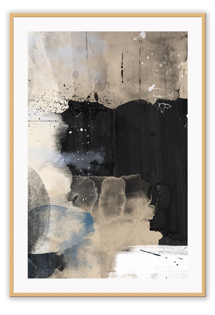 Abstract style print with watercolour textured brushstrokes and splatters in black, beige, white and blue.