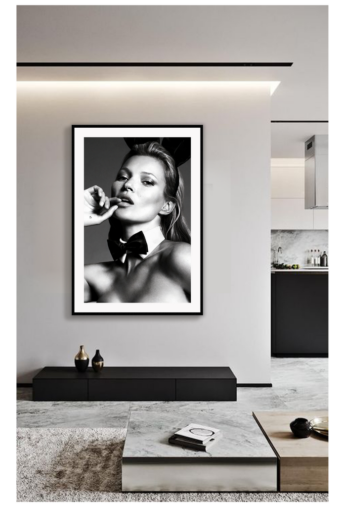 Kate Moss celebrity iconic model black and white hugh heffner rabbit sexy lingerie bow tie