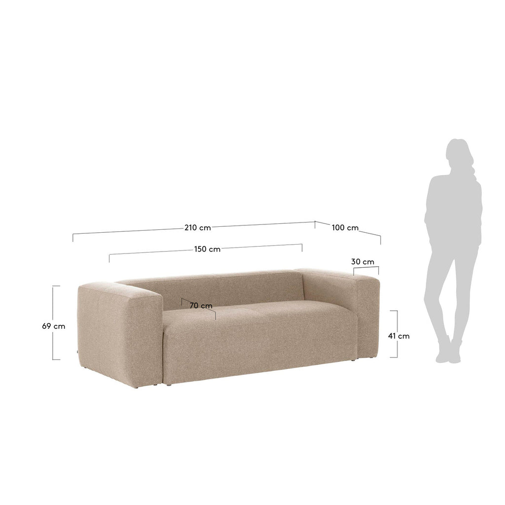 Modern 2 seater in clean geometric shape with sharp edges and one large seat cushion fully upholstered in a beige fabric