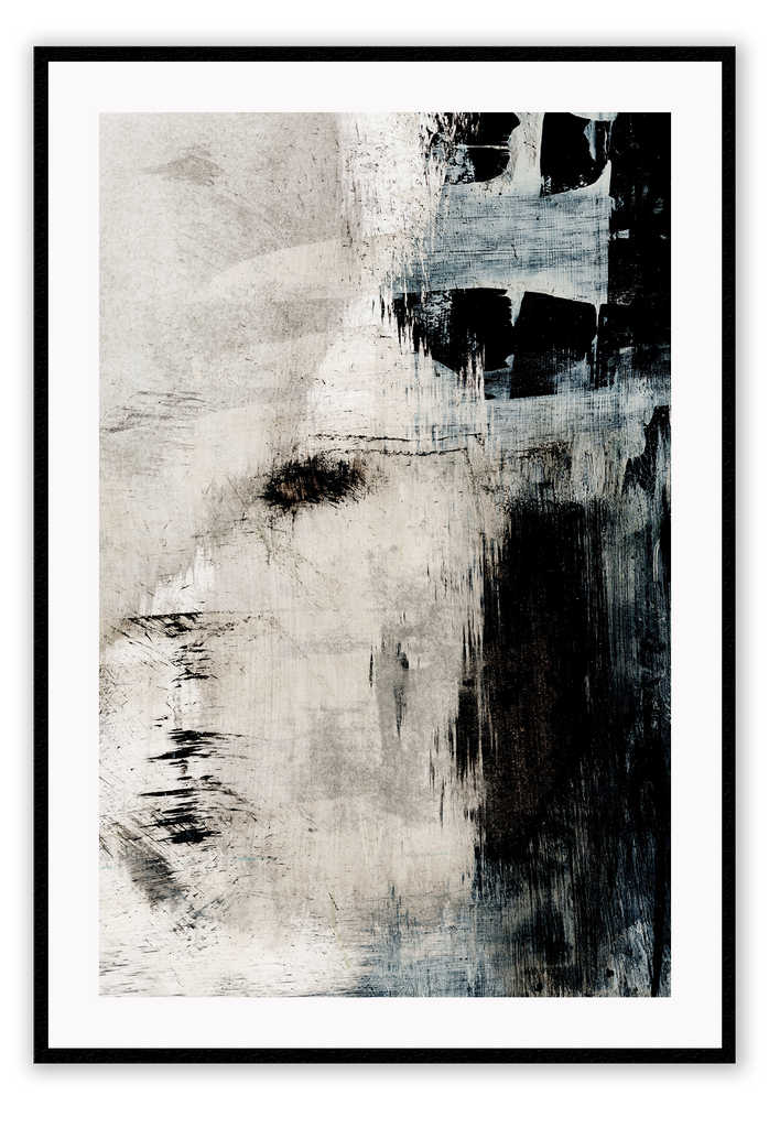 Abstract print with random light grey brushstrokes on one side and dark blue and black brushstrokes on the other side.