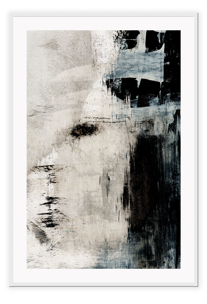 Abstract print with random light grey brushstrokes on one side and dark blue and black brushstrokes on the other side.