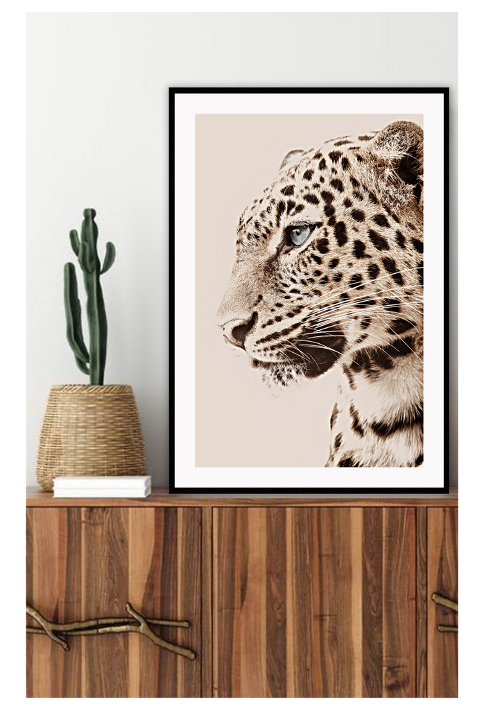 Tiger portrait leopard spots whiskers eyes black tan and neutral colours animal modern