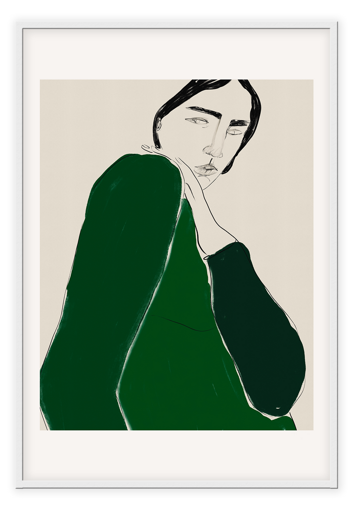 Abstract art print with a woman in a green longsleeve looking over her shoulder in the center on light grey background
