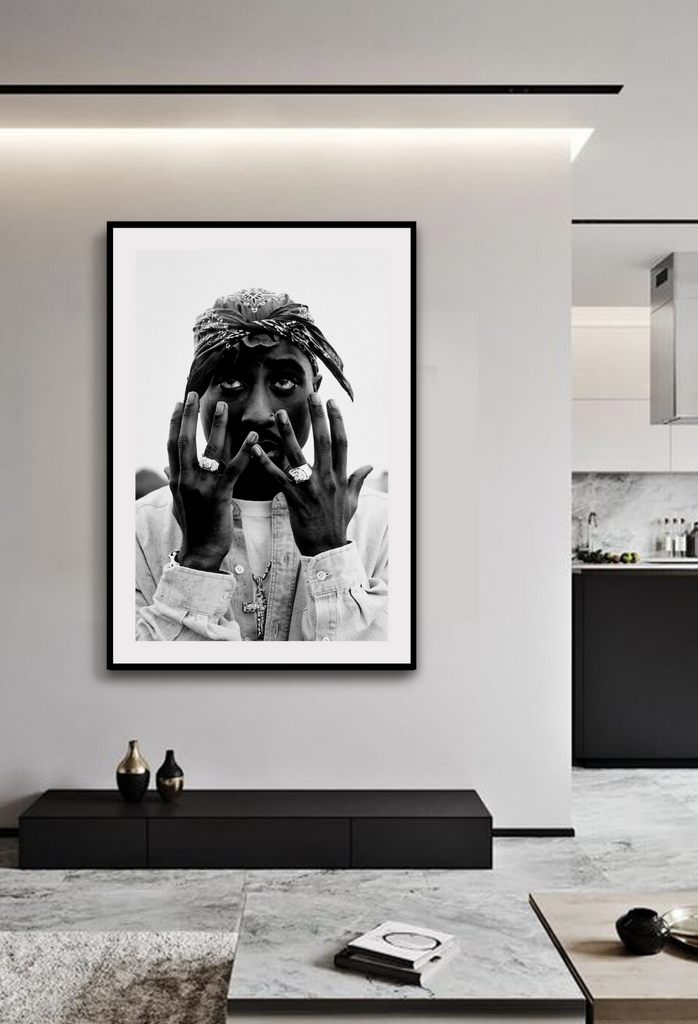 Black and white celebrity portrait of Tupac bandana hands rings necklace rapper print