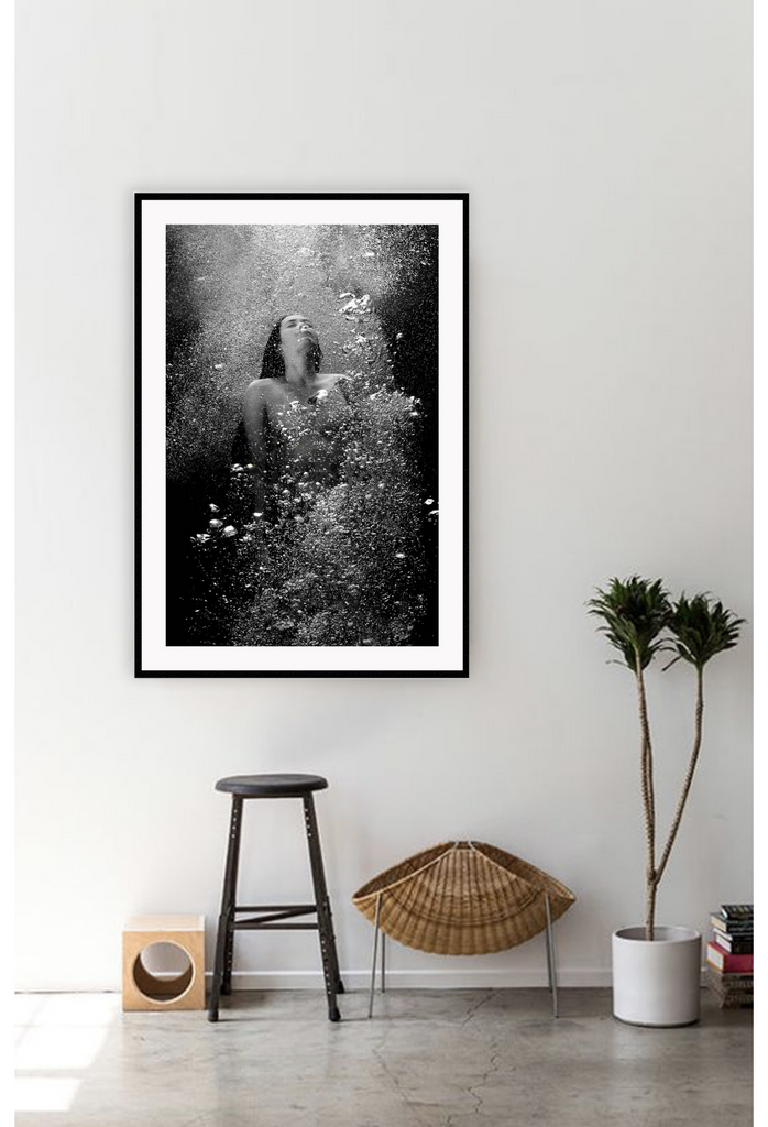 Photography print woman in water black and white bubbles rising swimming moody