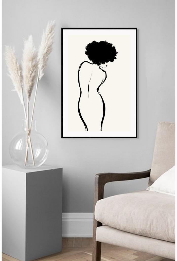 A simple, minimal print with an abstract sketch in black of the back of a woman and white