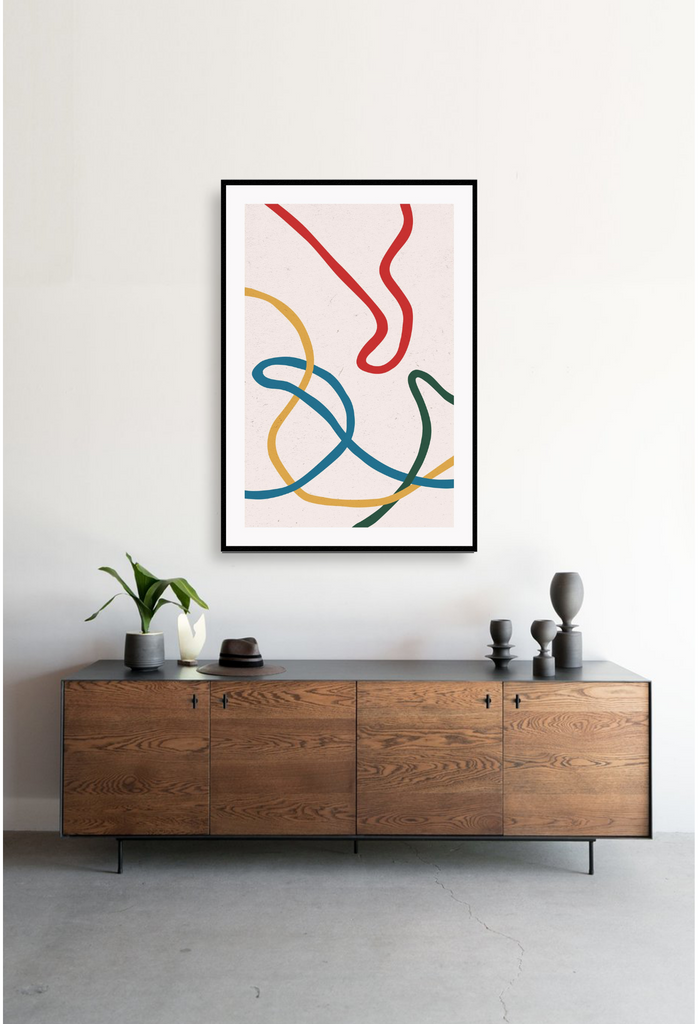 Abstract squiggle print with red blue yellow green lines and beige background modern 