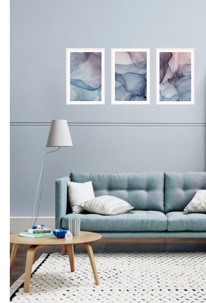 Abstract watercolour print with blue, pink and purple colours flowing in minimal style