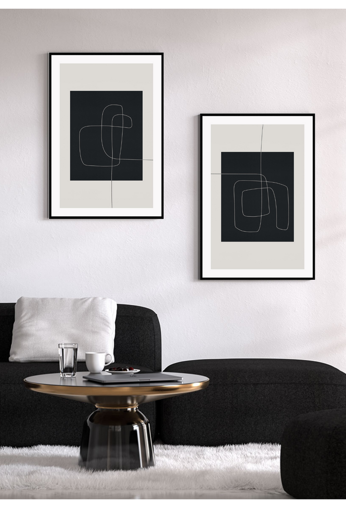 Abstract minimal print with black rectangle in middle with small white line on beige background with neutral tones 