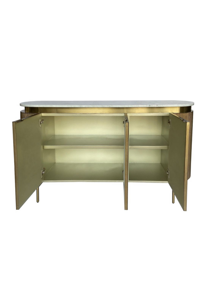 Antique Gold Oval shaped buffet with fluted front, a white marble top and four gold iron legs on a white background