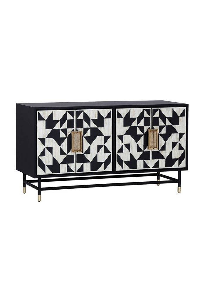 Contemporary Black Buffet with four doors featuring black & white geometric pattern and gold metal capped legs on a white background