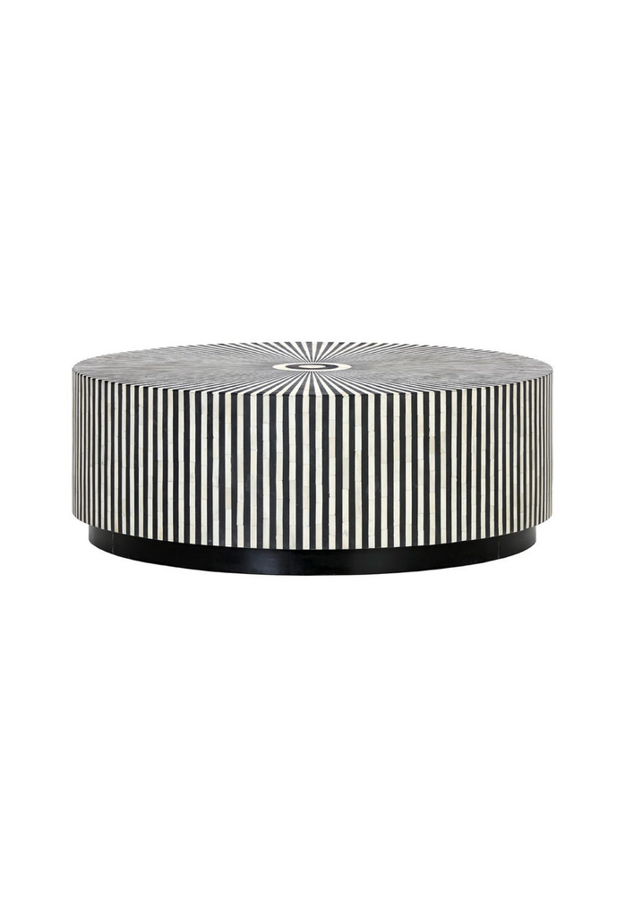 Black and White Striped Bone Inlay Solid Round Coffee Table on a white background