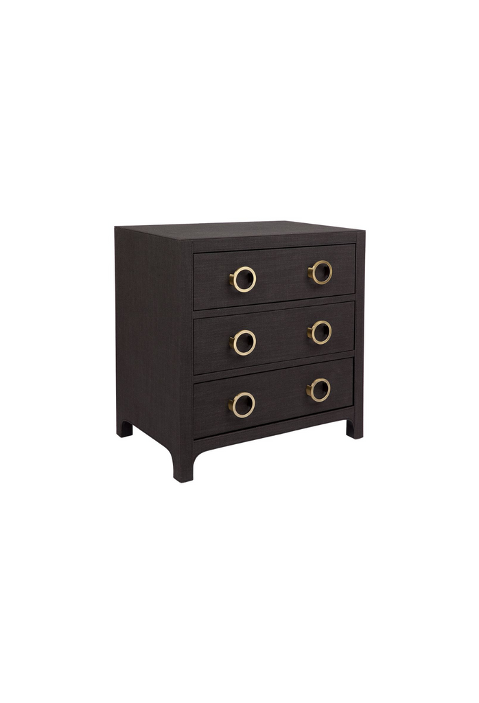 Black Linen Upholstered Bedside Table with Brass Gold Handles on a white background