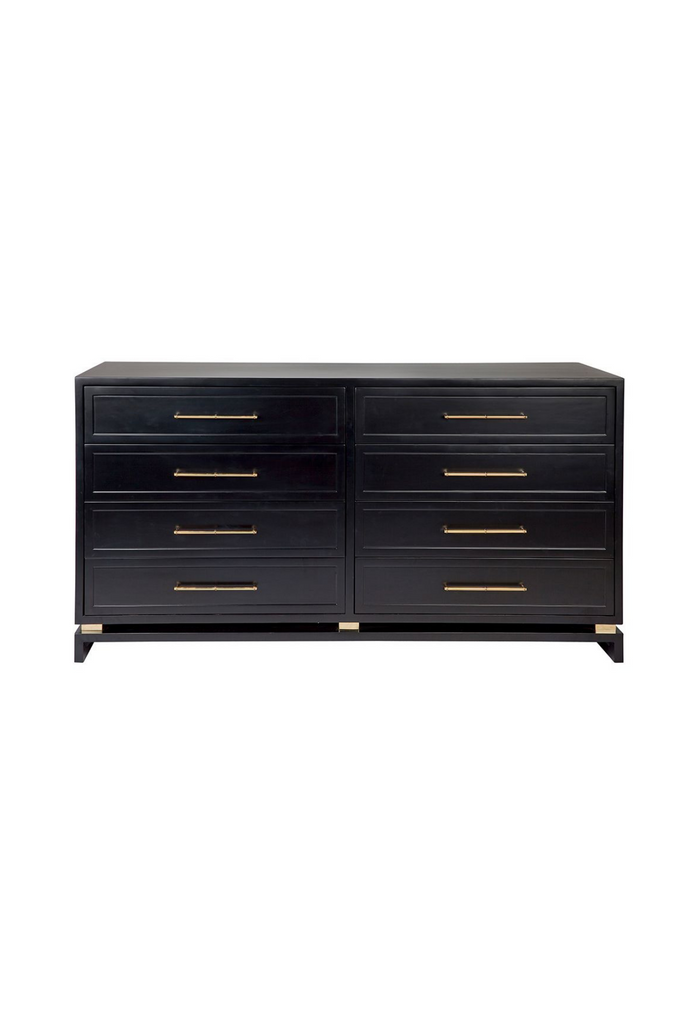 Modern Chest of Drawers in black satin finish with 8 small drawers complimented by gold bamboo style handles on white background