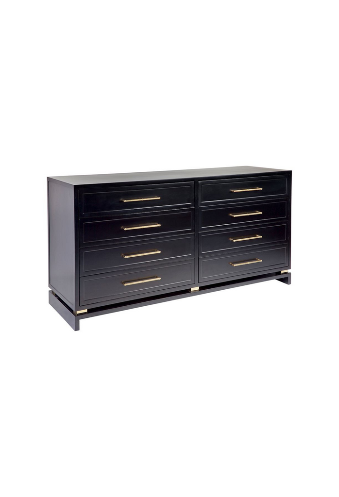 Modern Chest of Drawers in black satin finish with 8 small drawers complimented by gold bamboo style handles on white background