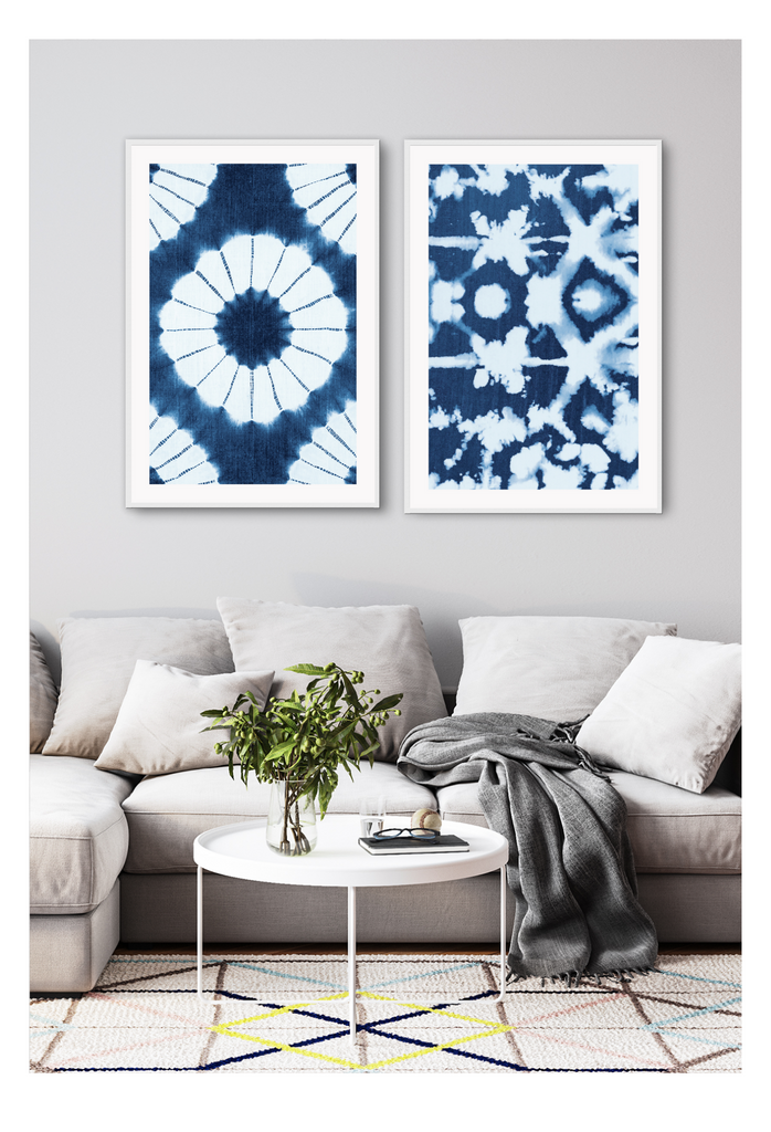 Tie dye print with blue and white detail forming organic pattern with coastal ocean style. 