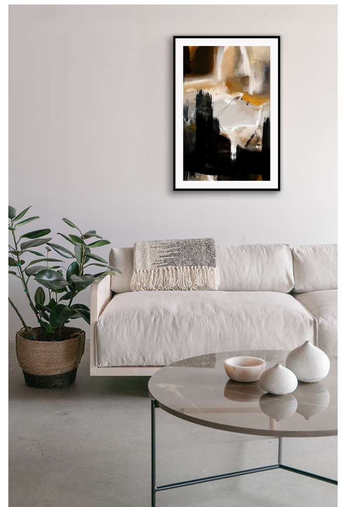 Abstract print with brushstrokes of black, mustard, white, grey and cream portrait landscape minimal