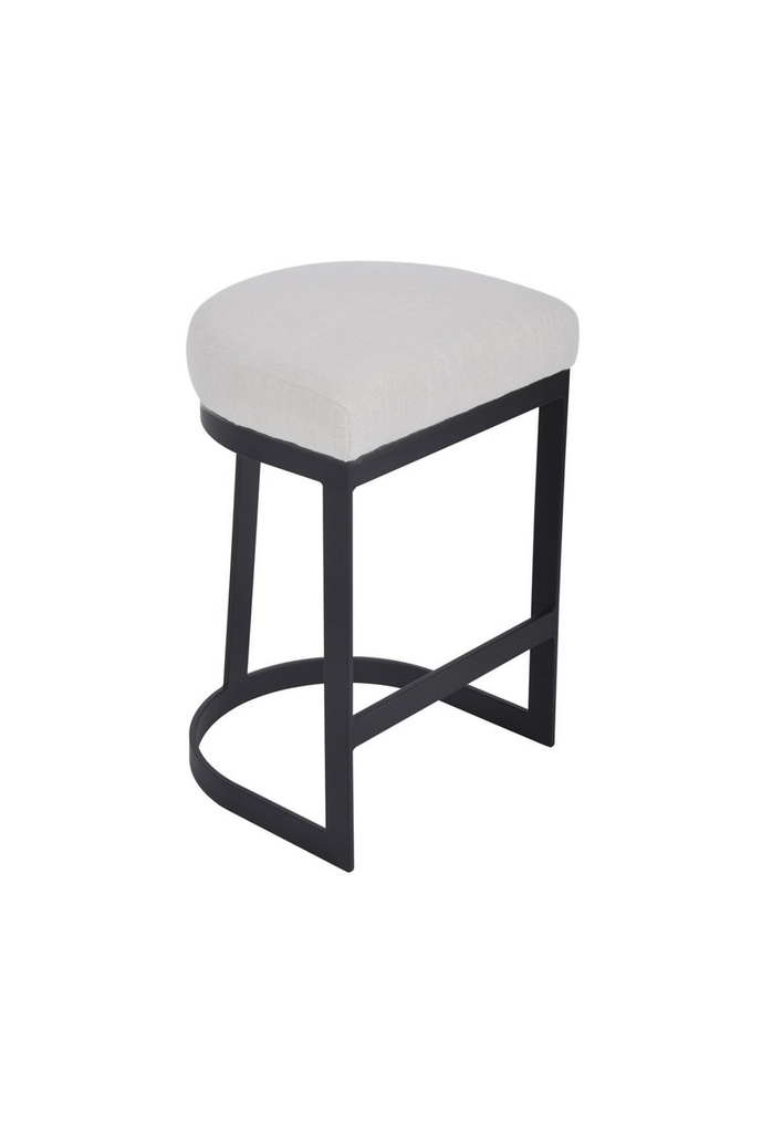 Modern black bar stool with steel base in round and edgy geometric shapes and a natural linen seat cushion