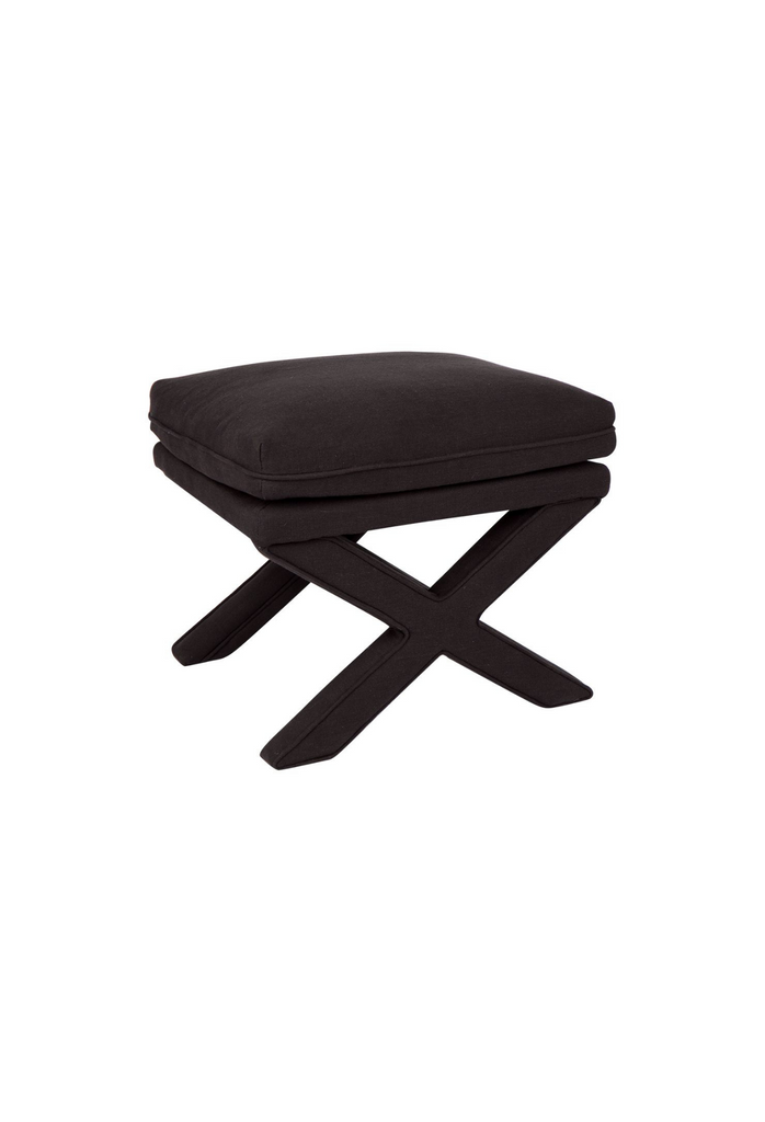 Stylish Stool with a crossed legged base and a generoulsy padded seat fully upholstered in black linen on a white background