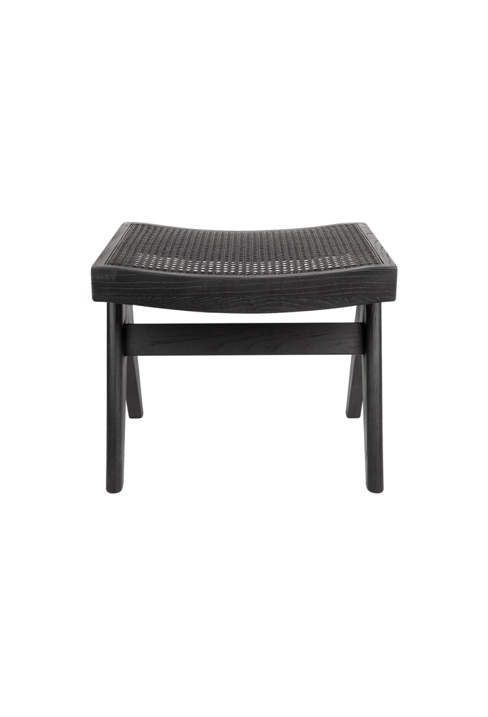 Scandi-Style stool with solid black wooden legs and a black rattan seat on white background